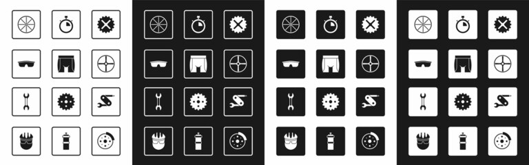Set Bicycle sprocket crank, Cycling shorts, Sport cycling sunglasses, wheel, Stopwatch, Swiss army knife and Wrench spanner icon. Vector
