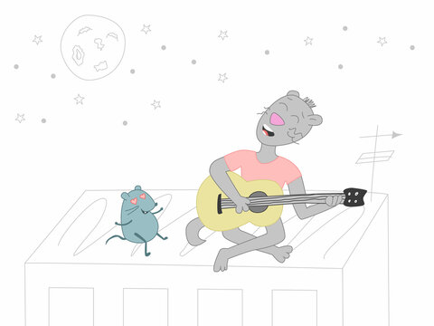 A cute illustration of a cat who sings, plays the guitar and sits on the roof with a mouse. Friendship and love of a cat and a mouse that sing under the moon. March Cat Songs