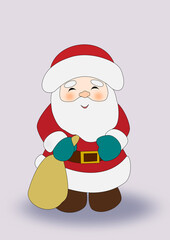 A small chubby Santa Claus standing and smiling while holding a sack of presents. 
