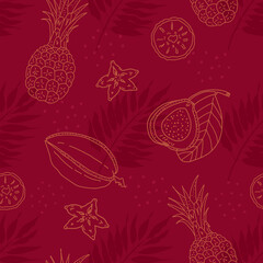 Tropical pattern with fruits and palm leaves. Seamless vector pattern with tropical palm leaves and doodle fruits. Pineapple, starfruit, guava.