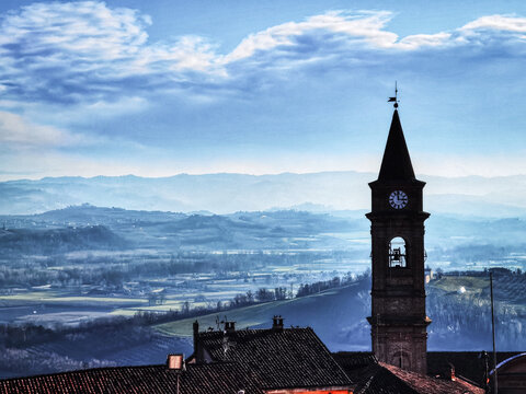 the church of Govone, in Piedmont, in the main square with the beautiful panorama of the Roero hills behind it