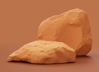 Single color yellow rocks in a flat yellow color background for product displays with copy space, 3d Rendering