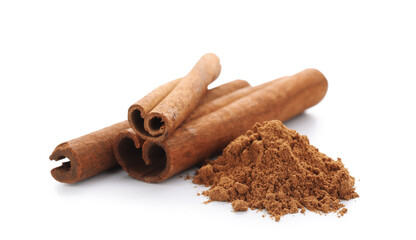Natural cinnamon sticks and powder on white background