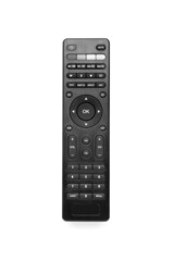 Black TV remote controller on white background