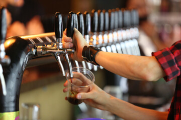 the bartender pours beer in the beer bar