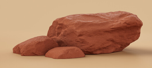 Brown color rocks in a flat color background, for product displays with copy space, 3d Rendering