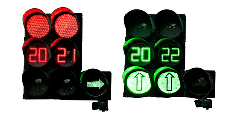 Traffic lights. Isolate. Red numbers 2021. Green numbers 2022.
