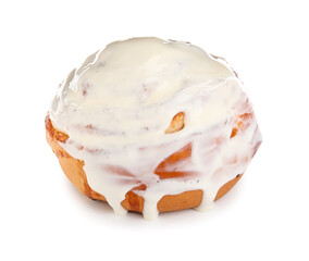 Tasty cinnamon roll with cream on white background