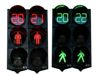 Traffic light for pedestrians. Isolate. Red numbers 2021. Green numbers 2022.