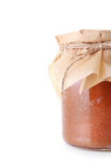 Glass jar of tasty pear jam on white background