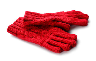 Red warm gloves on white background, closeup