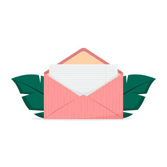 Pink envelope with a blank sheet of paper. Valentine's day. 