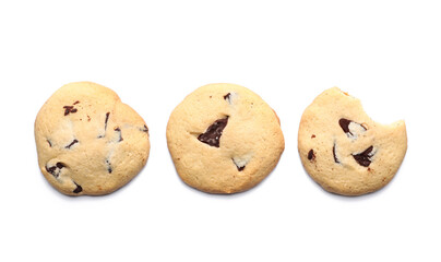 Tasty homemade cookies with chocolate chips on white background