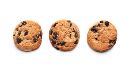 Tasty homemade cookies with chocolate chips on white background
