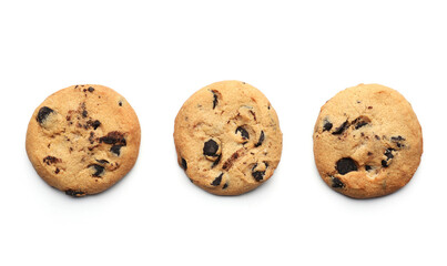 Tasty homemade cookies with chocolate chips on white background