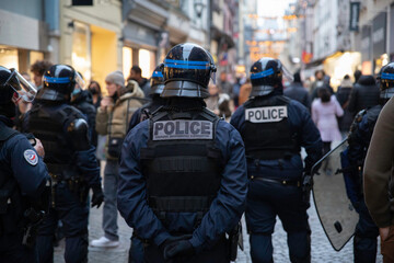 Compagnie de policiers CRS d'intervention pendant une manifestation dans les rues de Rouen. Police...