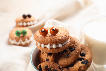 Bowl with funny cookies, closeup