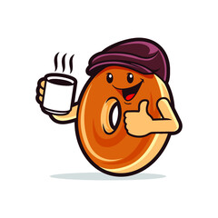 Happy bagel coffee cartoon logo mascot