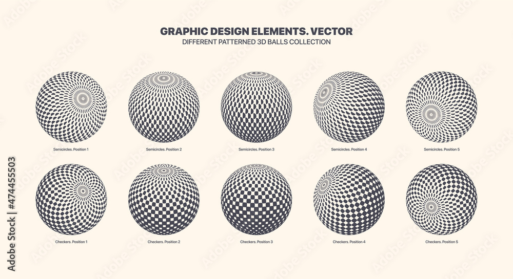 Wall mural assorted various vector 3d balls in different positions with checker and semicircle halftone pattern