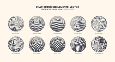 Assorted Various Vector 3D Balls In Different Positions With Checker And Semicircle Halftone Pattern Set Isolated On White Background. Graphic Black White Variety 3D Spheres Design Elements Collection