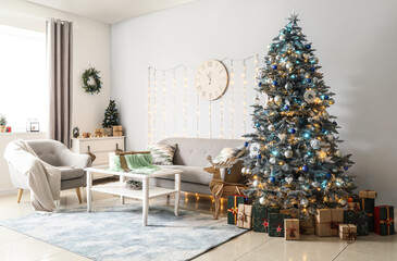 Fototapeta na wymiar Stylish interior of living room with Christmas tree