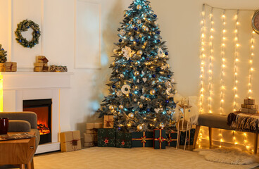 Stylish interior of living room with Christmas tree and fireplace
