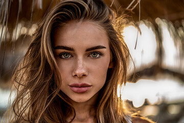 Beauty portrait of gorgeous young blonde caucasian woman with naturl freckles on face. Girl is...