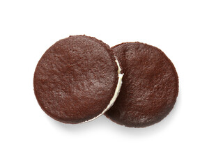 Tasty chocolate cookies with cream on white background