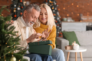 Happy mature couple with gift at home on Christmas eve