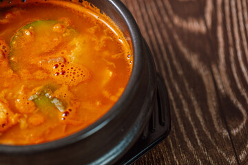 Cheonggukjang, Korean style rich soybean paste stew : A stew made with a thick soybean paste called cheonggukjang (similar to Japanese natto) with dubu (soybean curd / tofu)