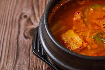 Cheonggukjang, Korean style rich soybean paste stew : A stew made with a thick soybean paste called cheonggukjang (similar to Japanese natto) with dubu (soybean curd / tofu)
