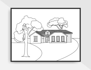 Vintage beautiful illustration line art hand drawn of house landscape for coloring page or poster