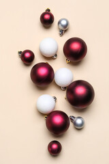Set of beautiful Christmas balls on color background