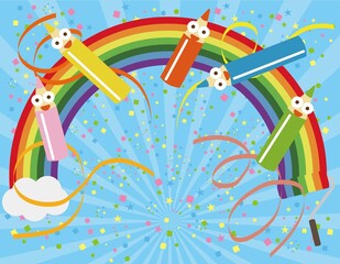 Obraz premium 虹 ローラー 色鉛筆 鉛筆 紙吹雪 テープ リボン 描く 塗る ペンキ塗り 集中線 背景 壁紙