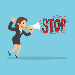 Businesswoman in suit shout with megaphone the word stop, Illustration vector cartoon