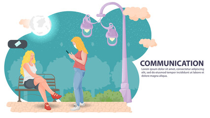 Obraz na płótnie Canvas Illustration in the style of flat design One girl is sitting on a bench and the other is standing opposite and talking on the phone against the background of a night park