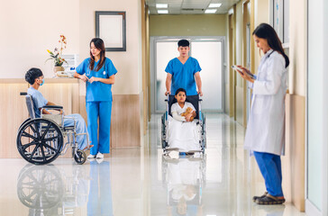 Fototapeta premium Group of professional medical doctor team work with stethoscope in uniform working discussing and talk walking in hospital.health medical care concept