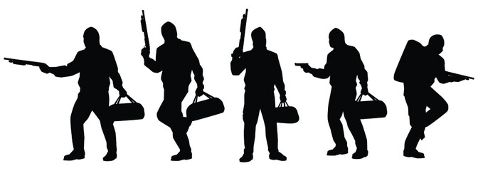 Set of Robber with gun silhouette vector on white background