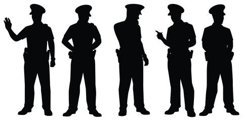 Set of standing policeman silhouette vector on white background
