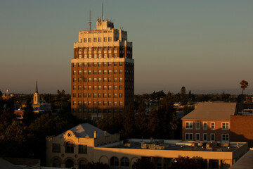 Sunset aerial view of downtown Stockton, California, USA. - obrazy, fototapety, plakaty