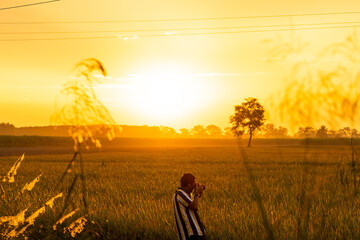 Fototapeta na wymiar photographer taking photos of a crop field in the morning