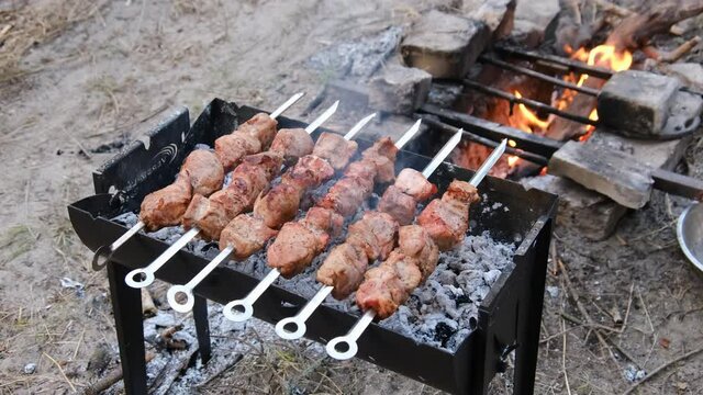 Kebabs on skewers are cooked on the grill outdoor. Appetizing marinated pork barbecue in nature. Hot beef Shashlik is cooked over charcoal in a portable grill. Meat shish kebabs in a row.