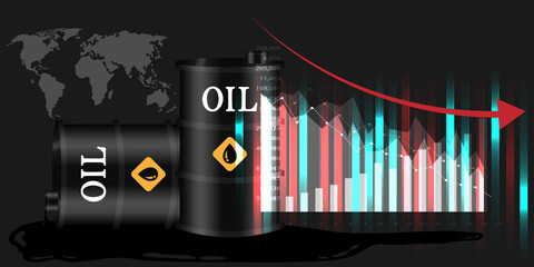 Oil price falls, recession, banner with arrow and oil barrels on the background
