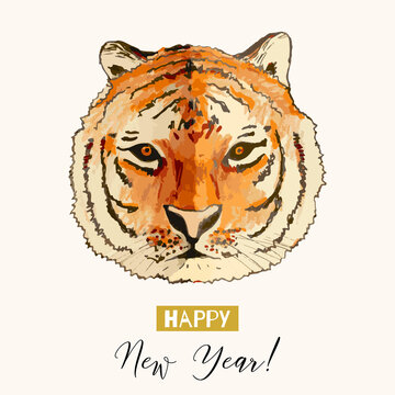Happy chinese New Year 2022. Hand drawn watercolor tiger head, calligraphic handwritten lettering, vector illustration for greeting card, poster, calendar, congratulations. Zodiac design element.