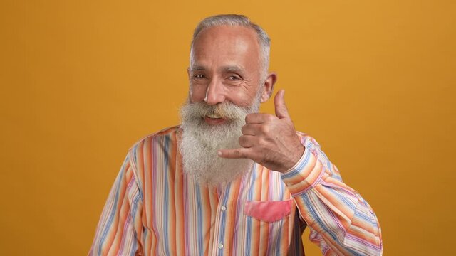 Age man point you ask communicate smartphone isolated shine color background