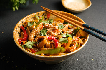 udon noodles with meat.
