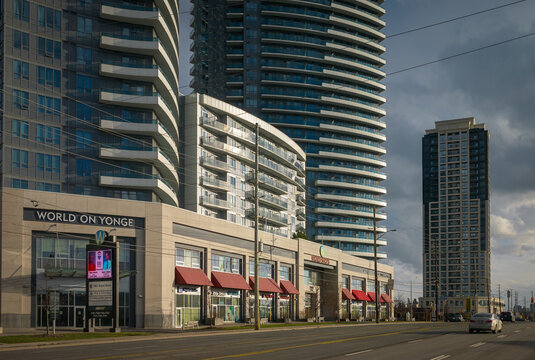 MARKHAM, CANADA - DECEMBER 11, 2021: World on Yonge shopping mall and condominium complex