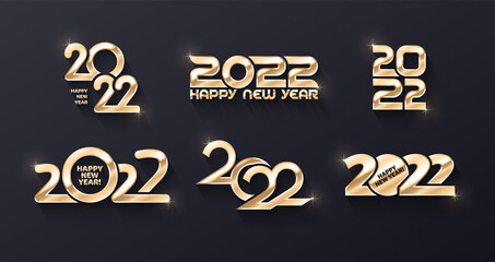 Vector Happy New Year 2022 Golden Premium Shiny Logo Different Variations 3D Design Collection On Dark Blue Background. Happy New Years Template Gold Metallic Typography Design Elements. New Years Eve