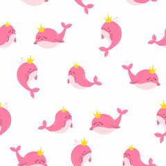 Obraz premium The pattern is a kind pink whale in delicate pink colors. Three different whales, with a golden crown. Proud and sweet. Vector illustration.