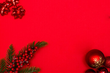 Christmass flatlay christmas tree toys and spruce branch